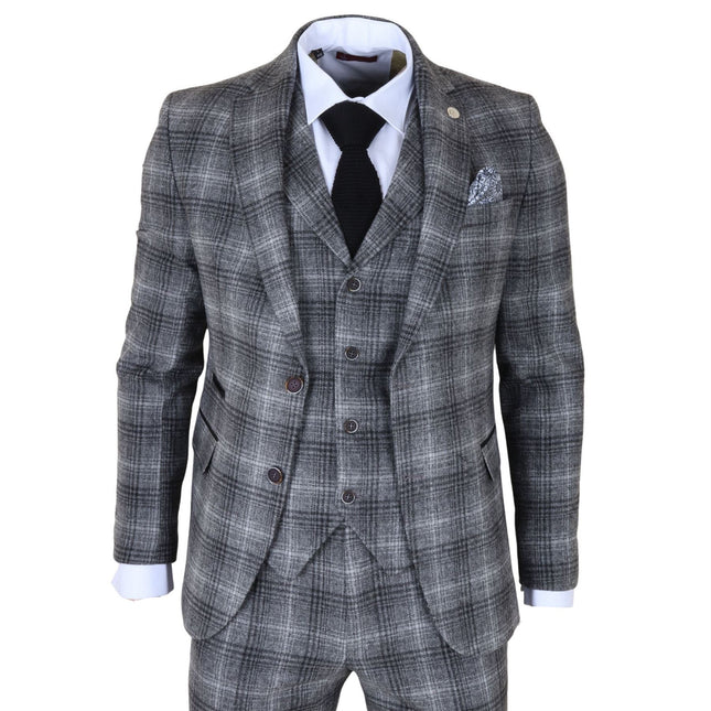 Men's Formal Grey Tweed  3 Piece Check Vintage Gatsby Style Suit