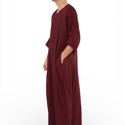 Men's Wine Red Moroccan Thobe Jubba Robe Eid Djellaba Gandoura - HM62