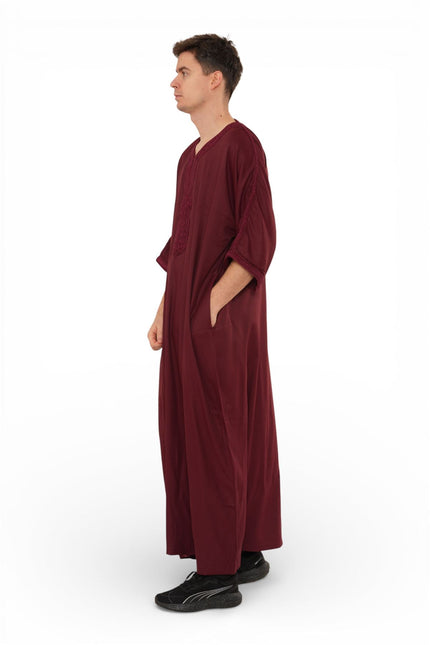 Men's Wine Red Moroccan Thobe Jubba Robe Eid Djellaba Gandoura - HM62