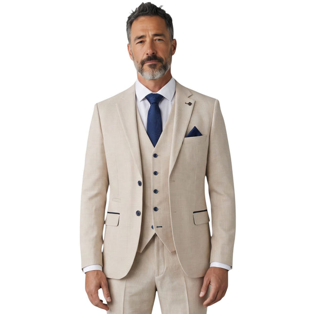 Men's Cream Checked Tailored Fit Suit - Regent