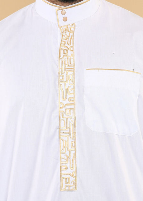 Mens White Thobe Jubba Emirati Islamic Arabic Eid Embroidery Kaftan Jubbah Robe