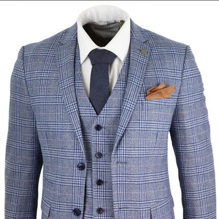Mens 3 Piece Blue Grey Tweed Check Vintage Retro Suit