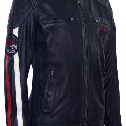 Men’s Classic Striped Racing Leather Jacket- Barcelona