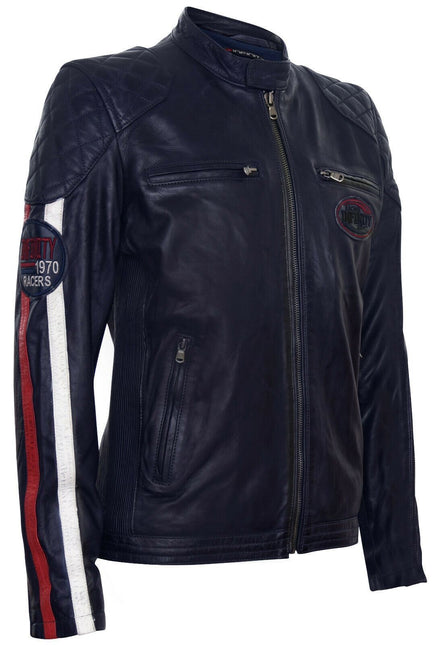 Men’s Classic Striped Racing Leather Jacket- Barcelona