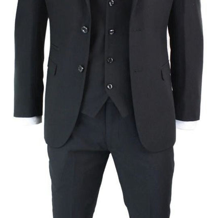 Mens 3 Piece Plain Black Classic Retro Suit
