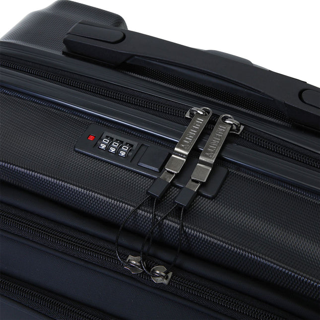 Hybrid ABS+PU Hard Shell Black Suitcase Set 8 Wheel Front Pocket Luggage