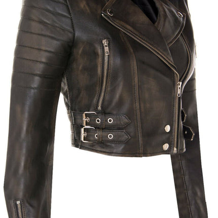 Womens Cropped Brando Leather Biker Jacket-Damascus