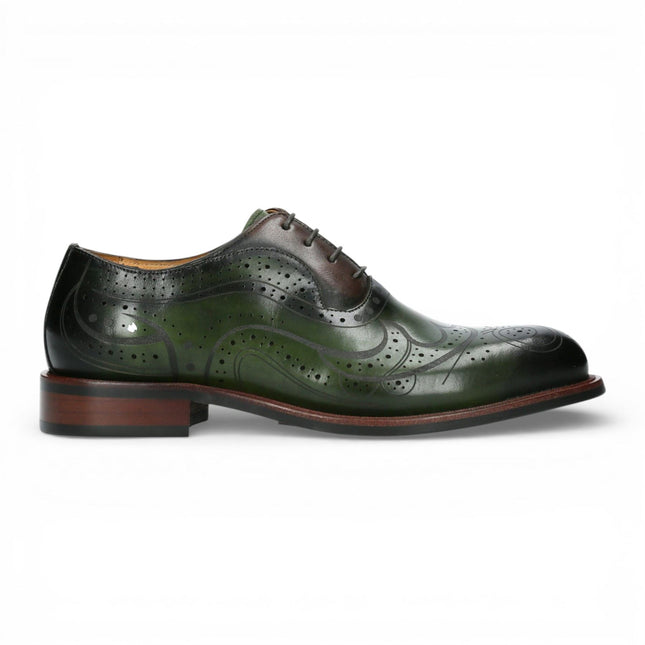 Lorenzo Conti Men's Khaki Green Leather Brogue Oxford Dress Shoes - Ayan-01