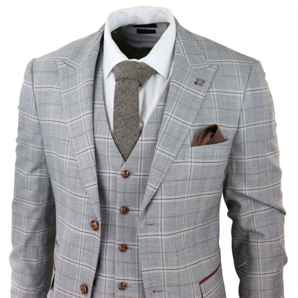 Mens Light Grey 3 Piece Velvet Trims Tailored Fit Suit