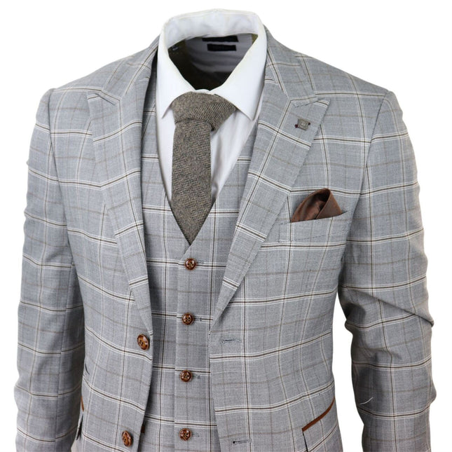 Mens Light Grey 3 Piece Velvet Trims Tailored Fit Suit