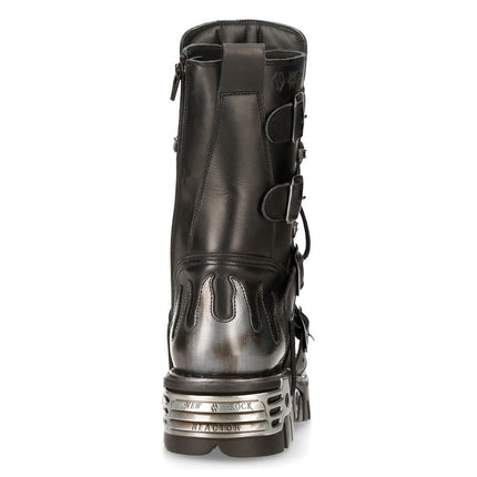 New Rock Flame Accented Black/Silver Leather Biker Boots - 107-S2