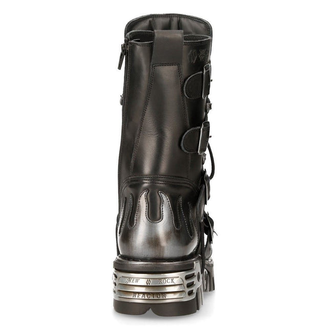 New Rock Flame Accented Black/Silver Leather Biker Boots - 107-S2