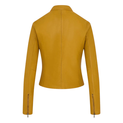 Womens Yellow Leather Stand Collar Racer Biker Jacket - 181