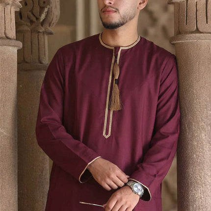 Men's Ramadan Burgundy Red Moroccan Thobe Robe Emirati Eid Jubba- TT-003