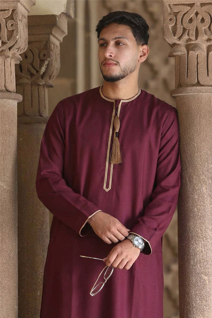 Men's Ramadan Burgundy Red Moroccan Thobe Robe Emirati Eid Jubba- TT-003