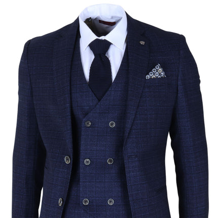 Men's Blue Plain Check 3 Piece Slim Fit Formal Wedding Suit