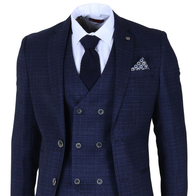 Men's Blue Plain Check 3 Piece Slim Fit Formal Wedding Suit