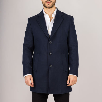 Men's Notched Lapel Collar Wool Blend Navy Overcoat