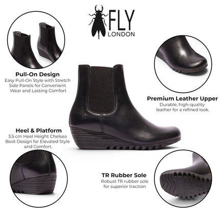 Fly London Womens Black Leather Wedge Heel Chelsea Boots - ORFU496