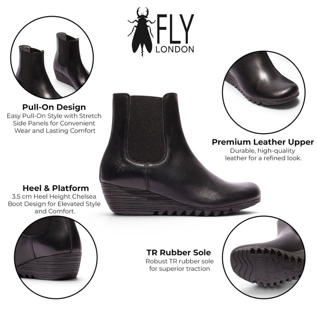 Fly London Womens Black Leather Wedge Heel Chelsea Boots - ORFU496