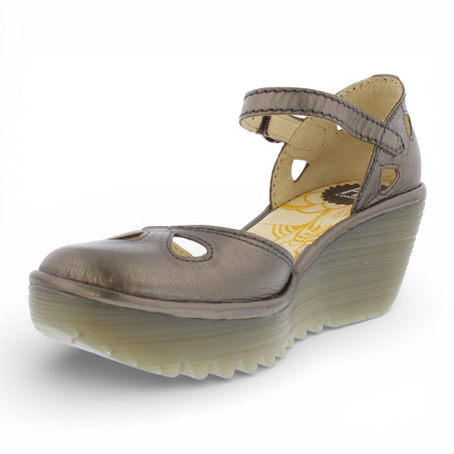 Fly London Women's Yuna Bronze Brown Leather Wedge Sandals