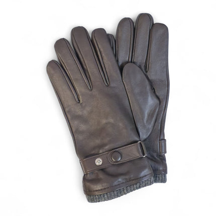 Men's Brown Italian Leather Warm Wool Lining Winter Knit Rib Gloves - M-LGV-105