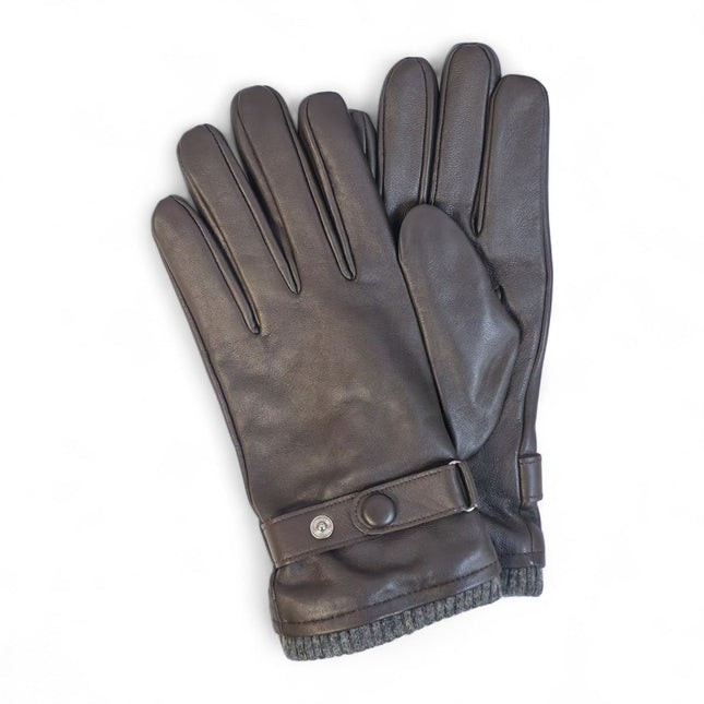 Men’s Brown Italian Leather Warm Wool Lining Winter Knit Rib Gloves - M-LGV-105