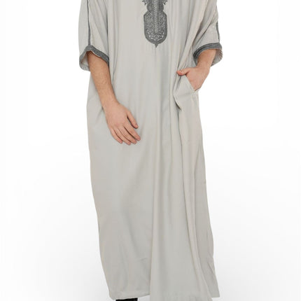 Men's Grey Charcoal Moroccan Thobe Robe Eid Djellaba Gandoura Jubba- HM65