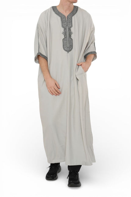Men's Grey Charcoal Moroccan Thobe Robe Eid Djellaba Gandoura Jubba- HM65