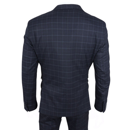 Men's Navy Checked 3 Piece Suit Tailored Fit