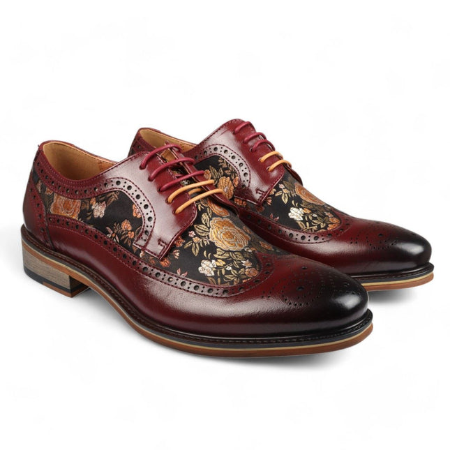 Justin Reess Men's Wine Leather Floral Print Brogue Dress Shoes - Ross
