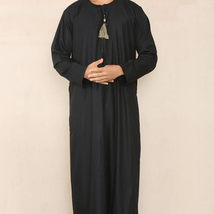 Mens Black Thobe Jubba Saudi Islamic Arab Eid Emirati Kaftan Jubbah Tassel Robes