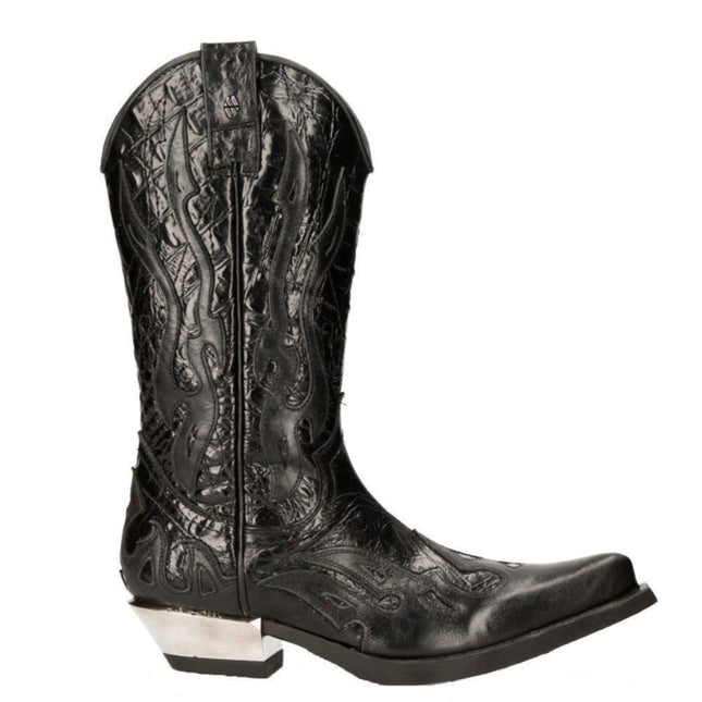 New Rock Flame Accented Black Leather Biker Cowboy Boots- M-7921-S1