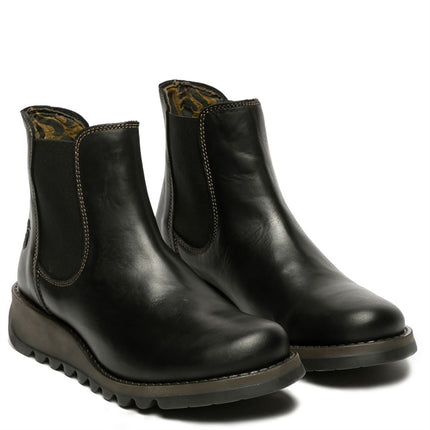 Fly London Womens Black Salv Chelsea Leather Ankle Casual Wedge Heel Boots