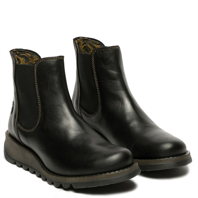 Fly London Womens Black Salv Chelsea Leather Ankle Casual Wedge Heel Boots