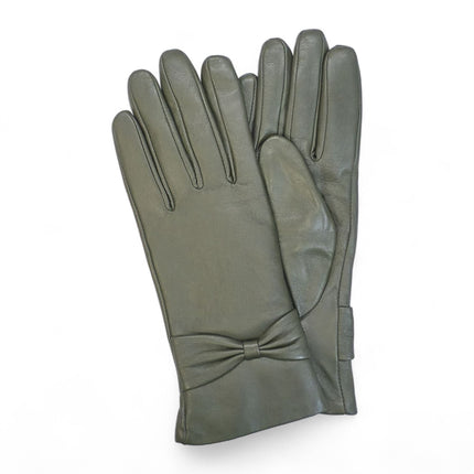 Womens Olive Green Italian Leather Winter Bow Design Soft Wool Lining Gloves - L-GLV-401