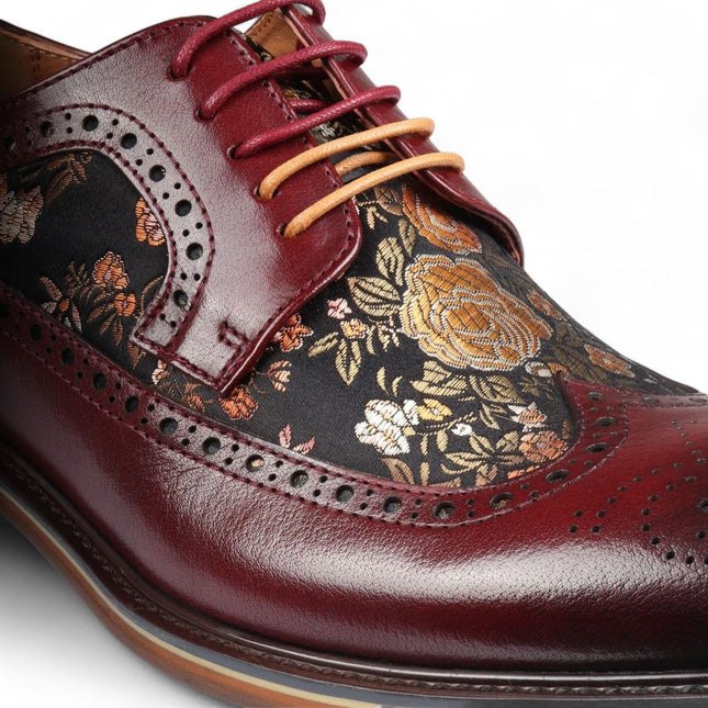 Justin Reess Men's Wine Leather Floral Print Brogue Dress Shoes - Ross