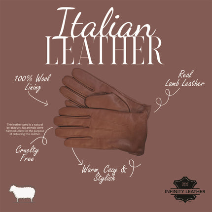 Men’s Tan Brown Italian Leather Warm Wool Lining Winter Gloves - M-LGV-305