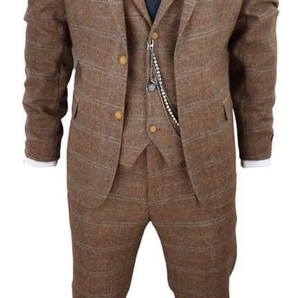 Mens 3 Piece Wool Suit Oak Brown Tweed Herringbone Check Peaky Blinders Gatsby