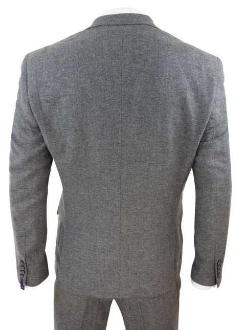 Mens 3 Piece Dark Grey Herringbone Wool Tweed Retro Suit