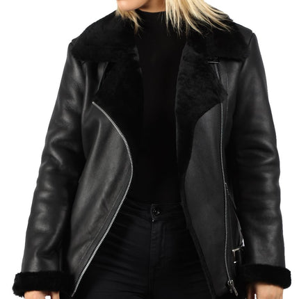 Womens Black Sheepskin Aviator Biker Jacket-Merida