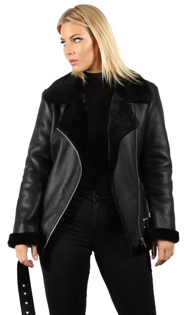 Womens Black Sheepskin Aviator Biker Jacket-Merida