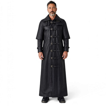 Mens Black Leather Full Length Buckle Gothic Long Trench Coat - Captain