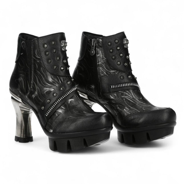 New Rock Womens Neopunk001-C19 Black Gothic Heeled Punk Leather Ankle Boots