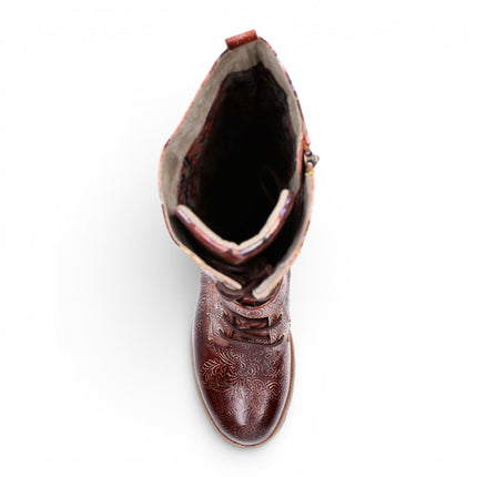 Laura Vita Women's Victorian Floral Maroon Leather High Lace-Up Long Boots - Cocrailo-82
