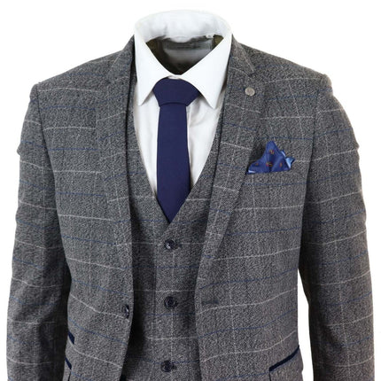 Mens 3 Piece Grey With Blue Check Vintage Classic Suit
