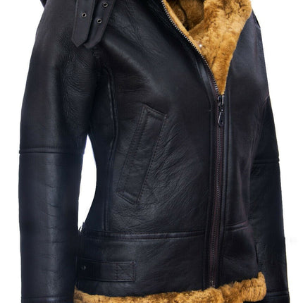 Womens Hooded Sheepskin Flying Leather Jacket-Palermo