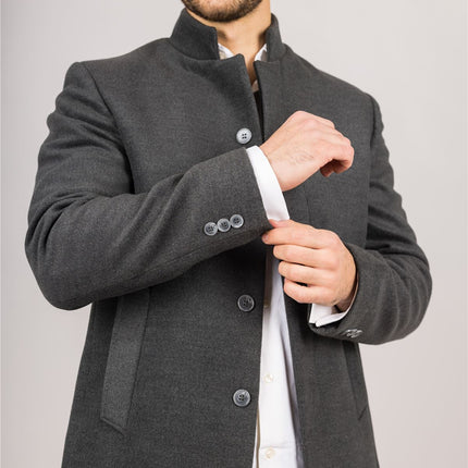Men's Grey Stand Collar Wool Blend Overcoat