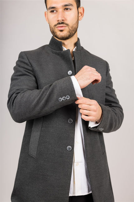 Men's Grey Stand Collar Wool Blend Overcoat