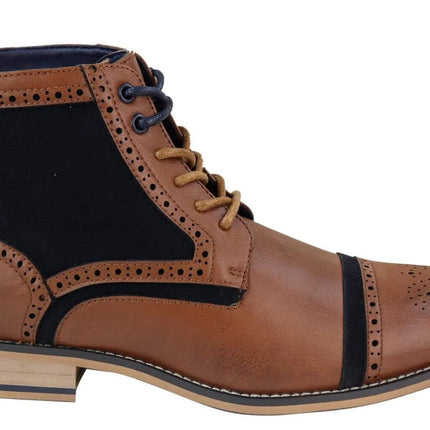 Mens Retro Oxford Brogue Ankle Boots In Tan/Navy Leather
